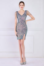 Robe cocktail abricot à sequins et franges