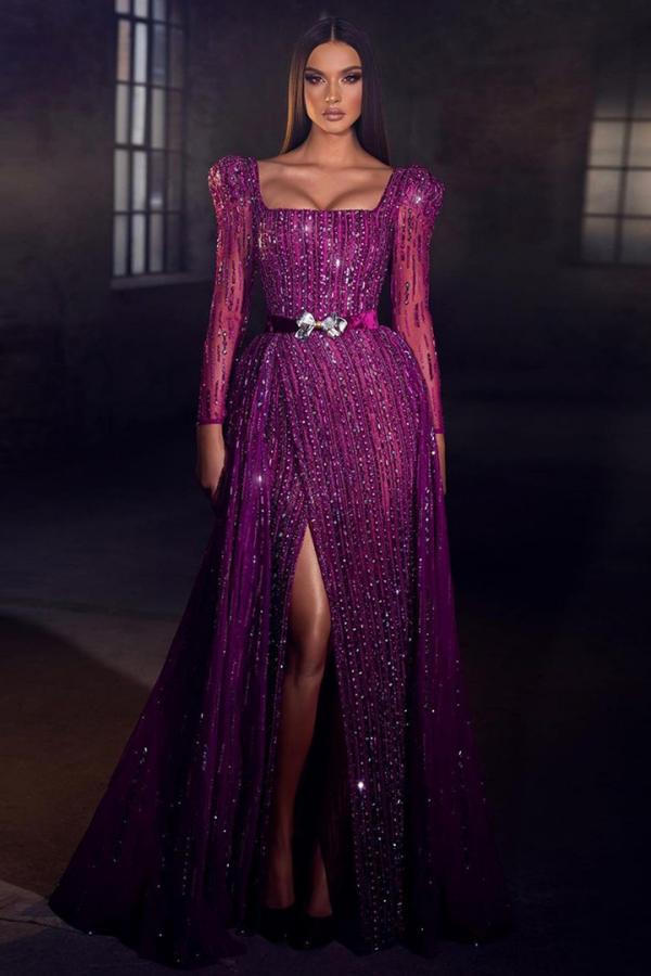 Long Sleeves Square Evening Dress Mermaid With Beadings