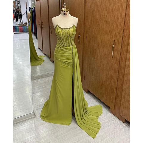 Sheath/column Strapless Beads Long Formal Evening Dress with Slit