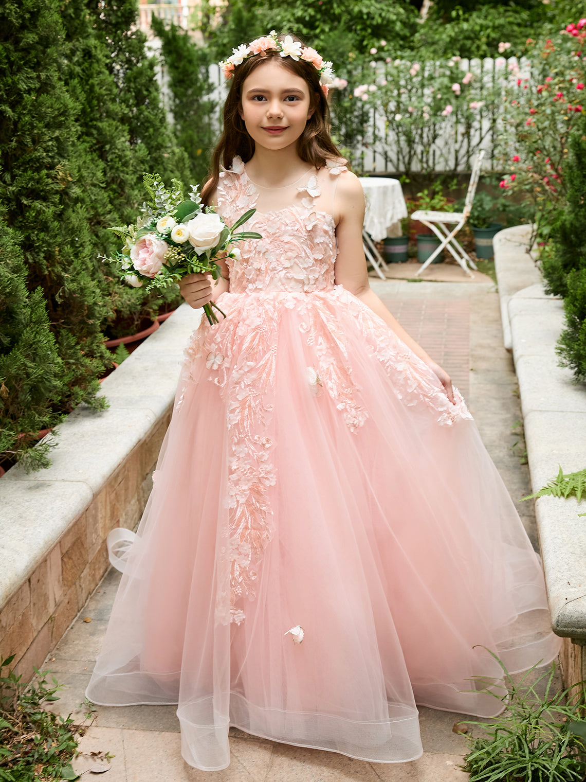 Vestido de princesa rosa para niñas con apliques de encaje 