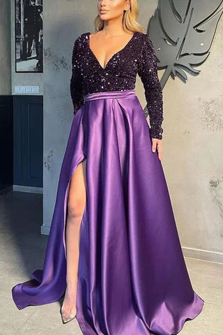 Magnifique robe de bal en satin à sequins, manches longues et col en V 
