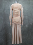 Long Sleeves Skinny Pleated See-Through Solid Color Split-Joint Round-Neck Evening Dresses Maxi Dresses