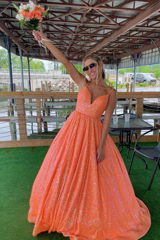 Sequins Spaghetti Straps A-Line Long Prom Dress