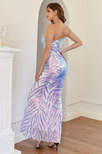 Robe de bal longue violette à sequins asymétriques
