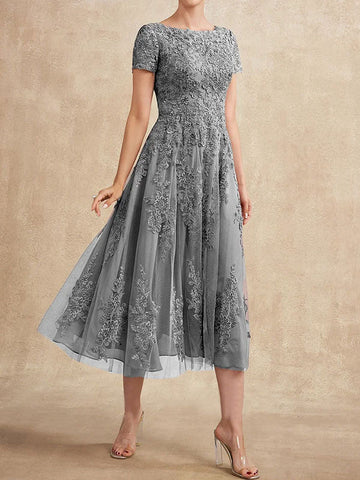 A-line Scoop Tea-Length Tulle Lace Mother of the Bride Dress