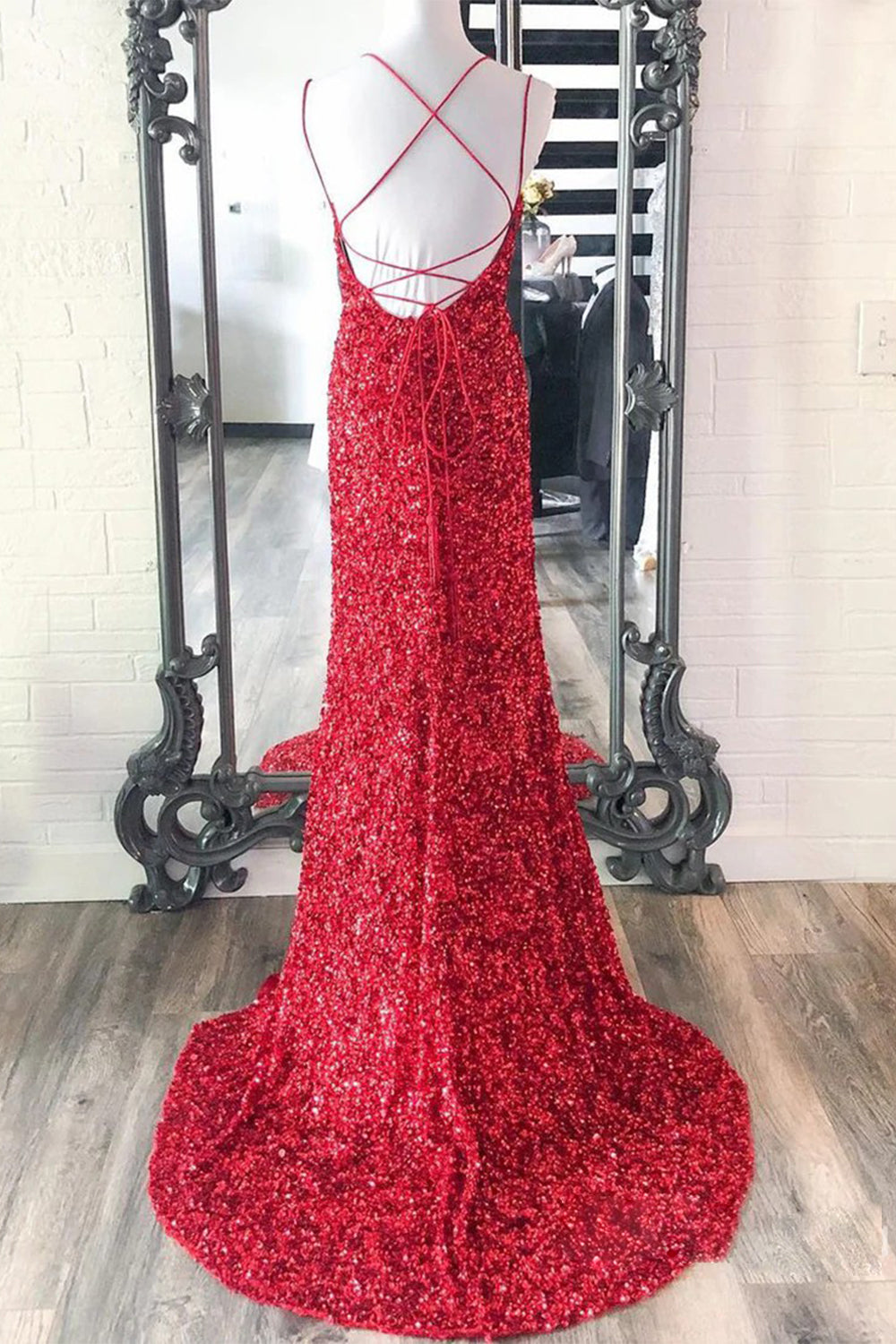 Robe de bal longue rose fuchsia sexy à paillettes et sequins sirène, dos nu