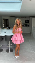 Vestido corto de fiesta rosa satinado sin tirantes Y417