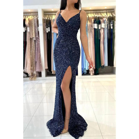 Robe de bal longue sirène à bretelles spaghetti et col en V avec fente latérale 