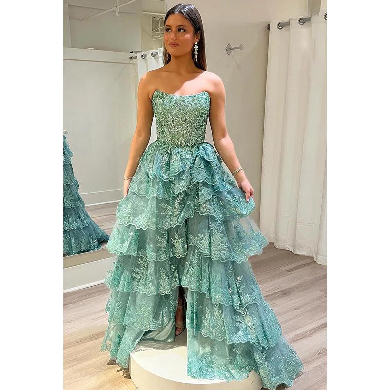 Vestido de fiesta glamuroso y dramático con hombros descubiertos, brillante, corte A, sin mangas y abertura