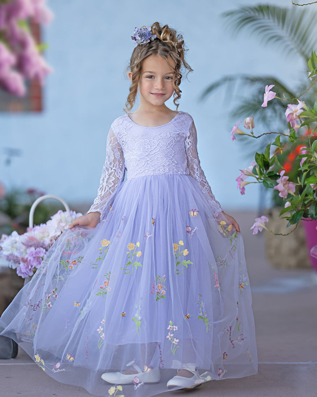 Vestido de niña de las flores de jardín, de tul bordado con encaje floral, corte en A y largo hasta el suelo 