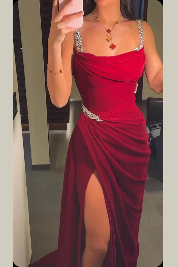 Vestido de noche formal de sirena con tirantes finos color burdeos vintage y cuentas, modelo Y7688