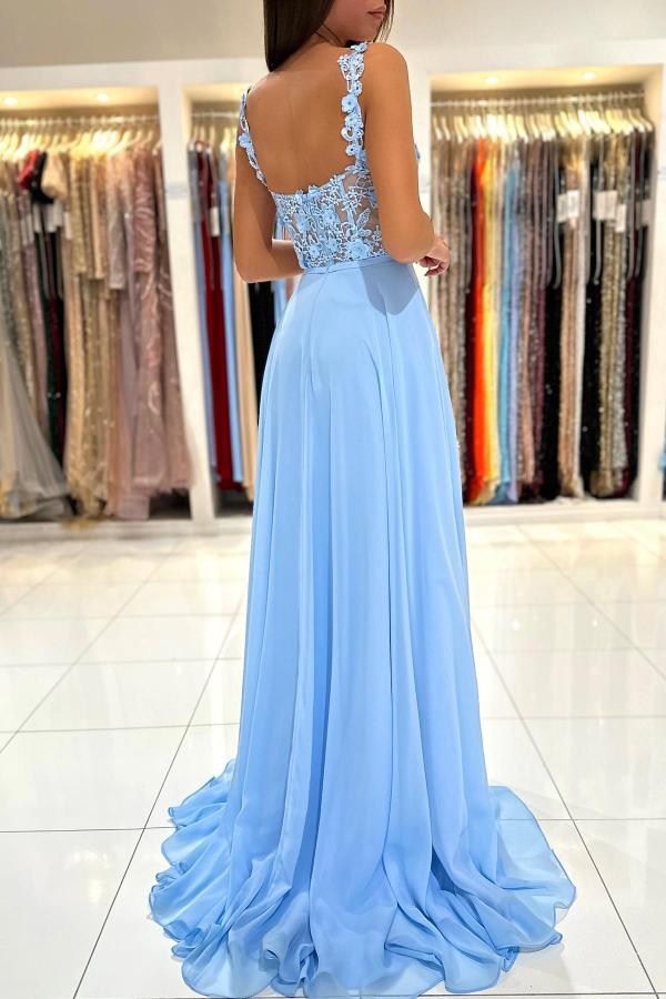 Robe de bal longue bleu ciel sans manches, fendue et ornée d'appliques