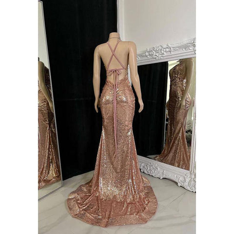 Robe de bal longue fourreau à paillettes et décolleté en V profond avec fente