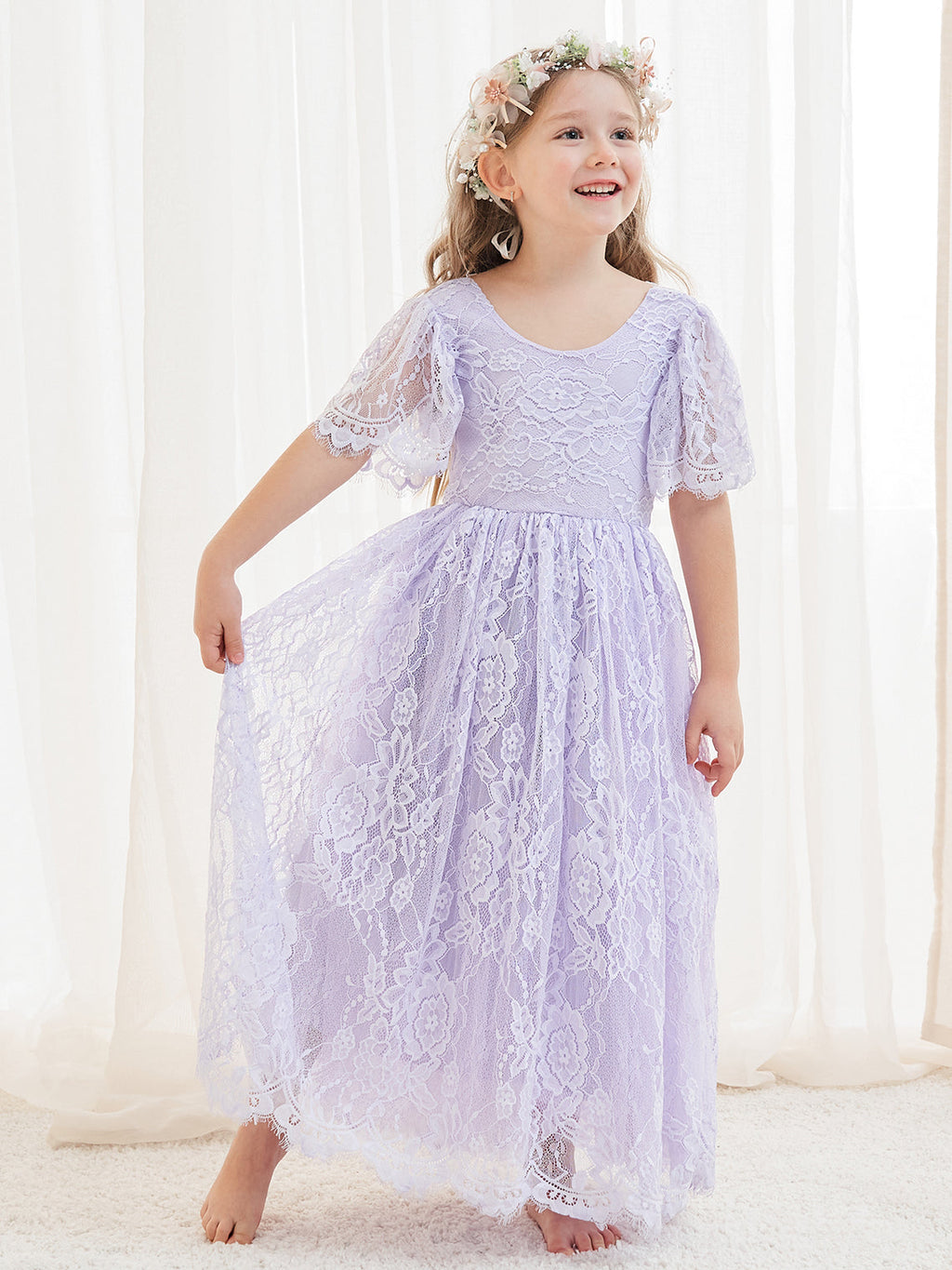 Vestido boho de niña de las flores color marfil, corte en A, de encaje y largo hasta el tobillo 