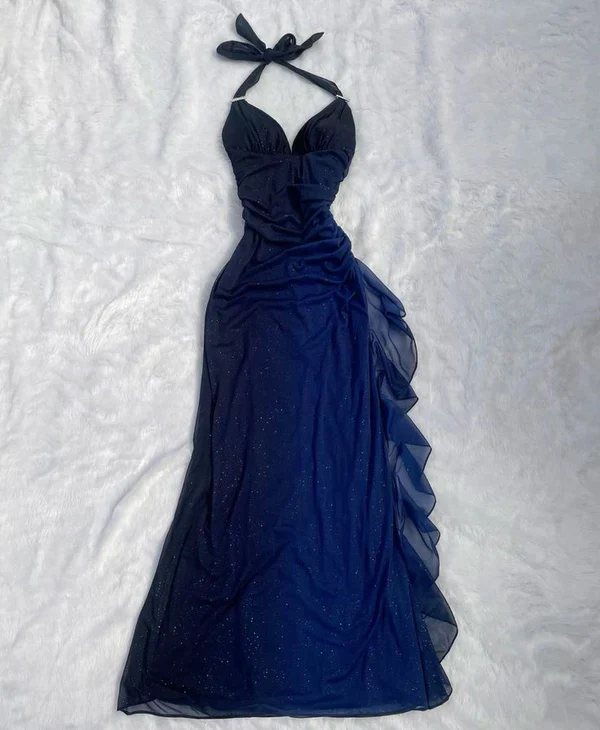Robe de soirée longue sexy en mousseline bleu marine dégradé à col V et dos nu, référence Y7486