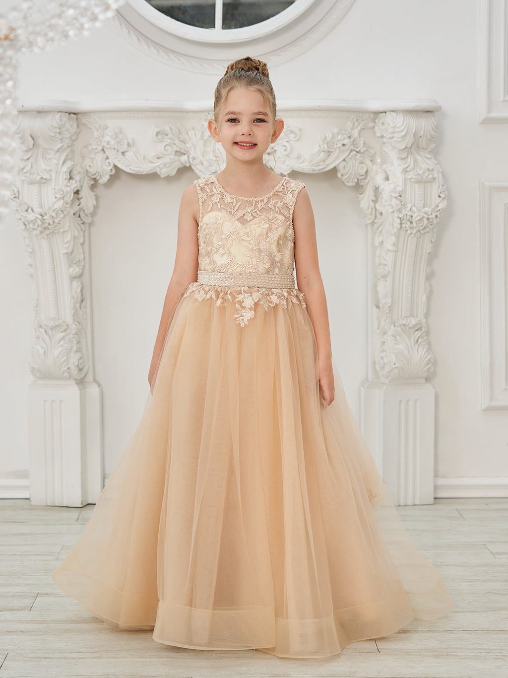 Vestido de princesa/vestido de princesa con cola de tul y vestido de niña de las flores color champán 
