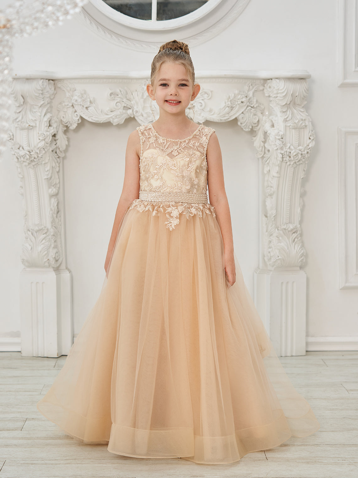 Vestido de princesa/vestido de princesa con cola de tul y vestido de niña de las flores color champán 
