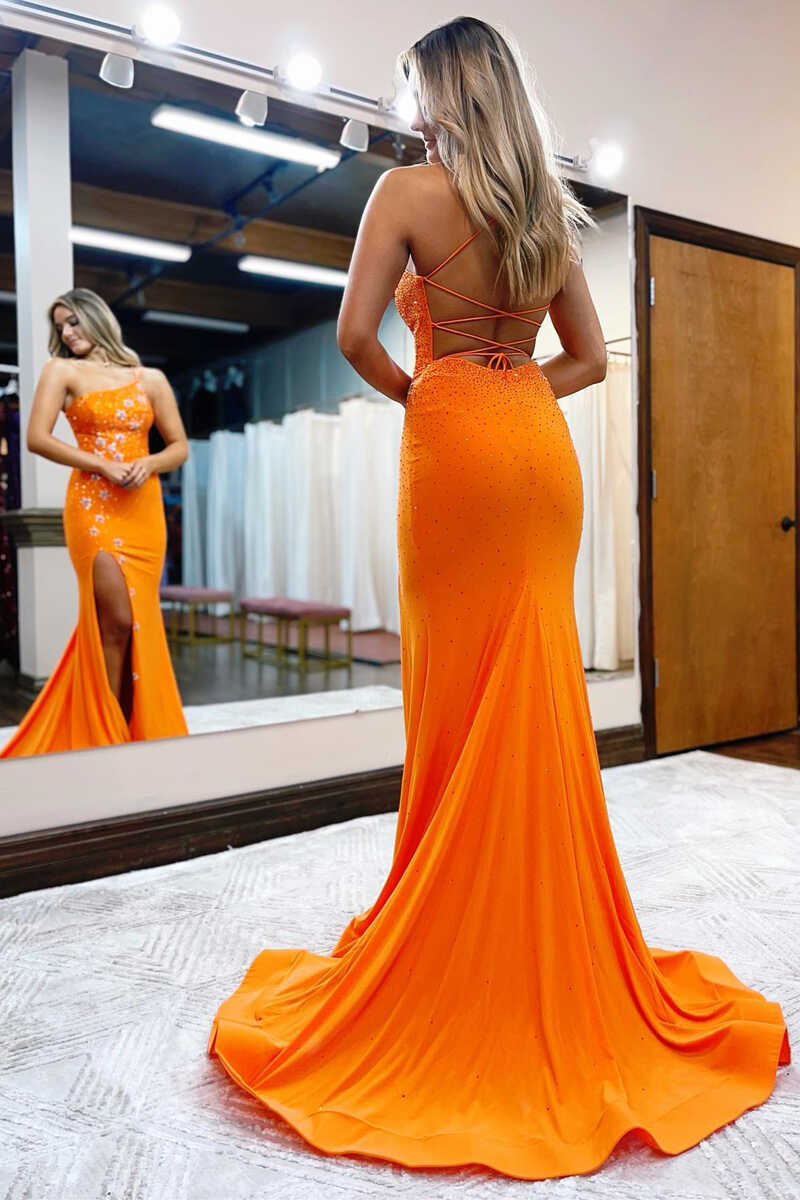 Vestido de fiesta de sirena de un solo hombro con cuentas y bordado de jersey.