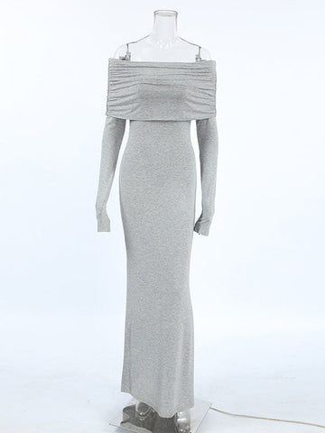 Vestidos largos de noche ajustados, plisados, de color liso, con abertura en la entrepierna y hombros descubiertos. 