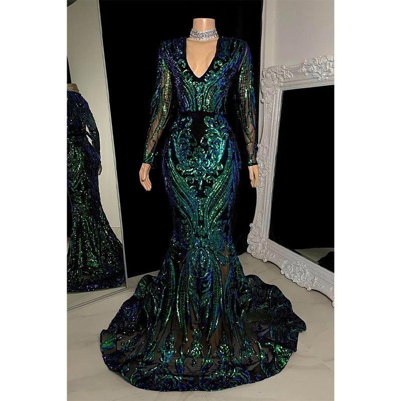 Vestido de fiesta de sirena con apliques de lentejuelas y escote en V sexy para chica negra para Slay