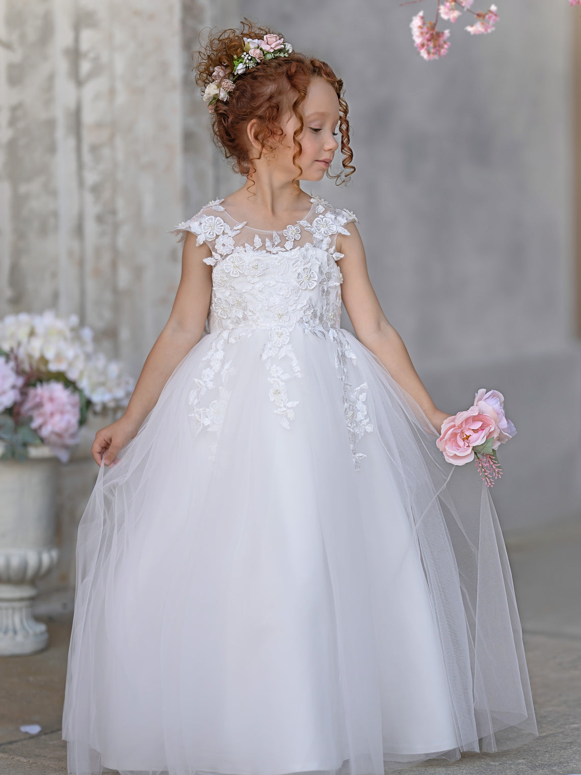 Vestido de princesa color marfil con apliques de encaje y lazo de tul | Vestido de niña de las flores de tul de manga corta hasta el tobillo 