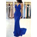 Robe de bal longue sirène bleue à bretelles spaghetti et col en V à paillettes