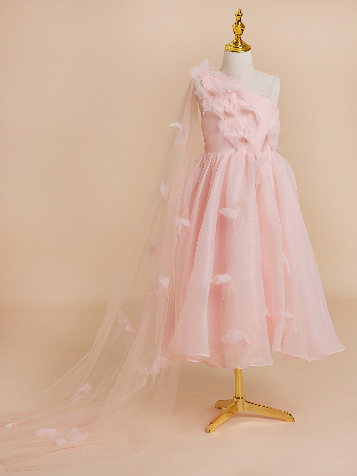 Vestido rosa de organza de corte A hasta la rodilla (010220821) 