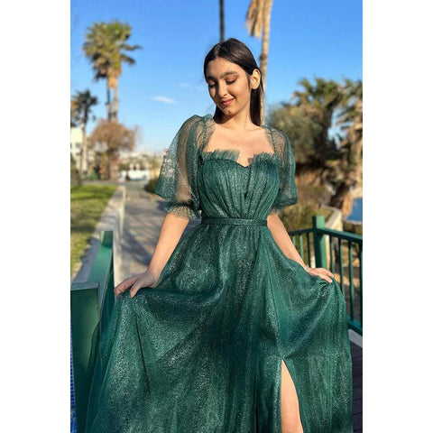 Glamorous & Dramatic A-line Short Sleeves Off-Shoudler Sparkly Tulle Formal Party Prom Dress