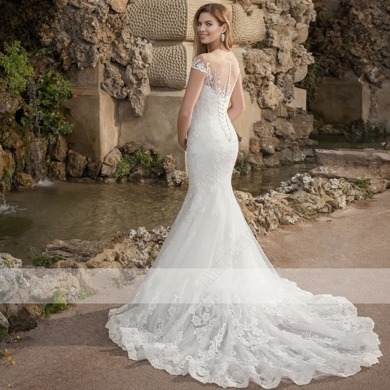 Mermaid Wedding Dress Women Charming Lace Appliques Bridal Gown Robe De Mariée Illusion Short Sleeves Gorgeous Boho
