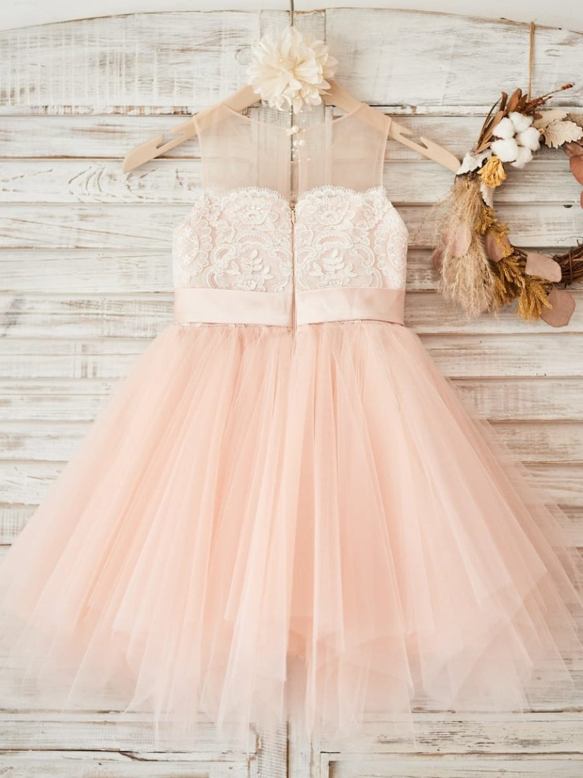 Vestido rosa de tul y encaje hasta la rodilla (2003227698) 