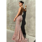 Robe de bal sirène scintillante à bretelles spaghetti et paillettes 