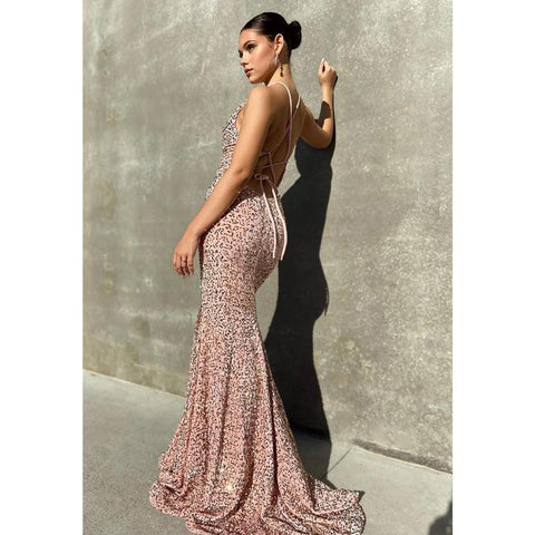 Robe de bal sirène scintillante à bretelles spaghetti et paillettes 