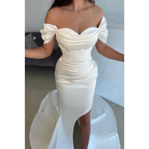 Vestido de noche formal de sirena con escote corazón, mangas cortas, satén plisado y falda desmontable