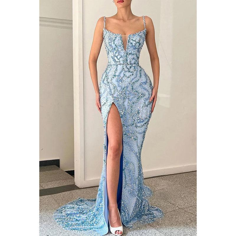 Plunging V-neck Beads Side Slit Sparkly Prom Dress