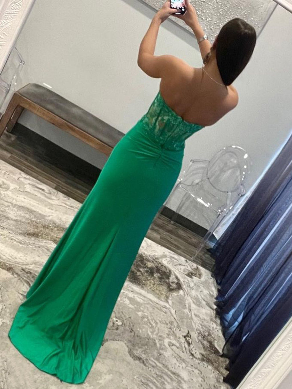 Vestido largo de fiesta sin tirantes, corte sirena, escote corazón y abertura