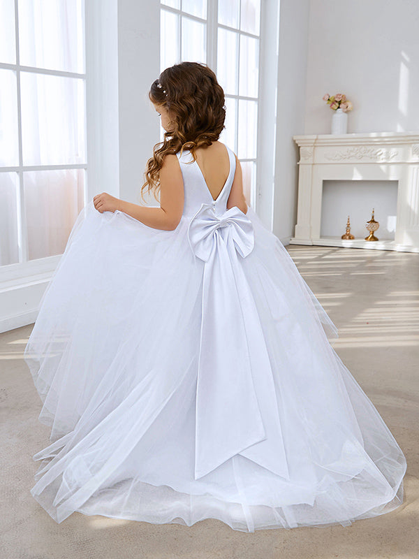 Vestido clásico blanco de corte A sin mangas para niña de las flores, de satén y tul 
