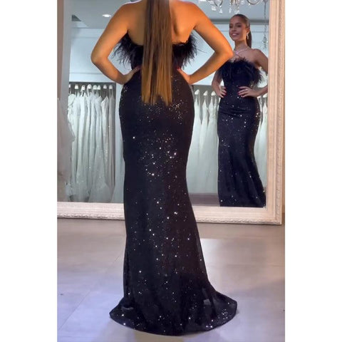Robe de bal longue bustier scintillante à plumes et robes de soirée fendues 