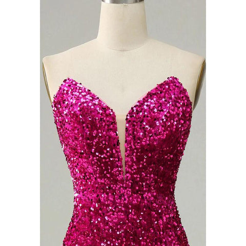 Vestido formal de noche con escote en V, lentejuelas, abertura, sin mangas y corte tubo/columna