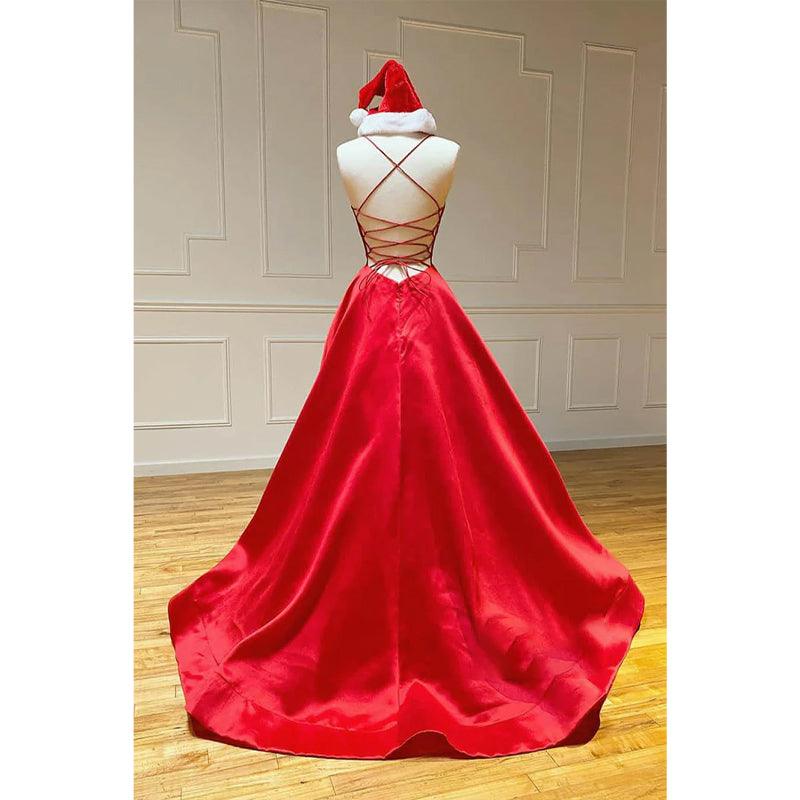 Vestido de fiesta sencillo de satén rojo con escote en V, tirantes finos y bolsillos 