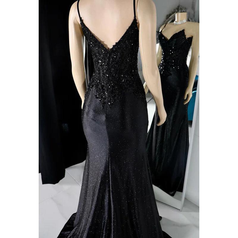 Vestido de fiesta de noche con lentejuelas y escote en V, estilo sirena, glamuroso y dramático, con tirantes finos