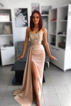 Vestido de fiesta largo de sirena con escote corazón, apliques de encaje y abertura