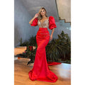 Vestido de fiesta formal de sirena fruncido con escote en V profundo, mangas abullonadas y sexy en rojo