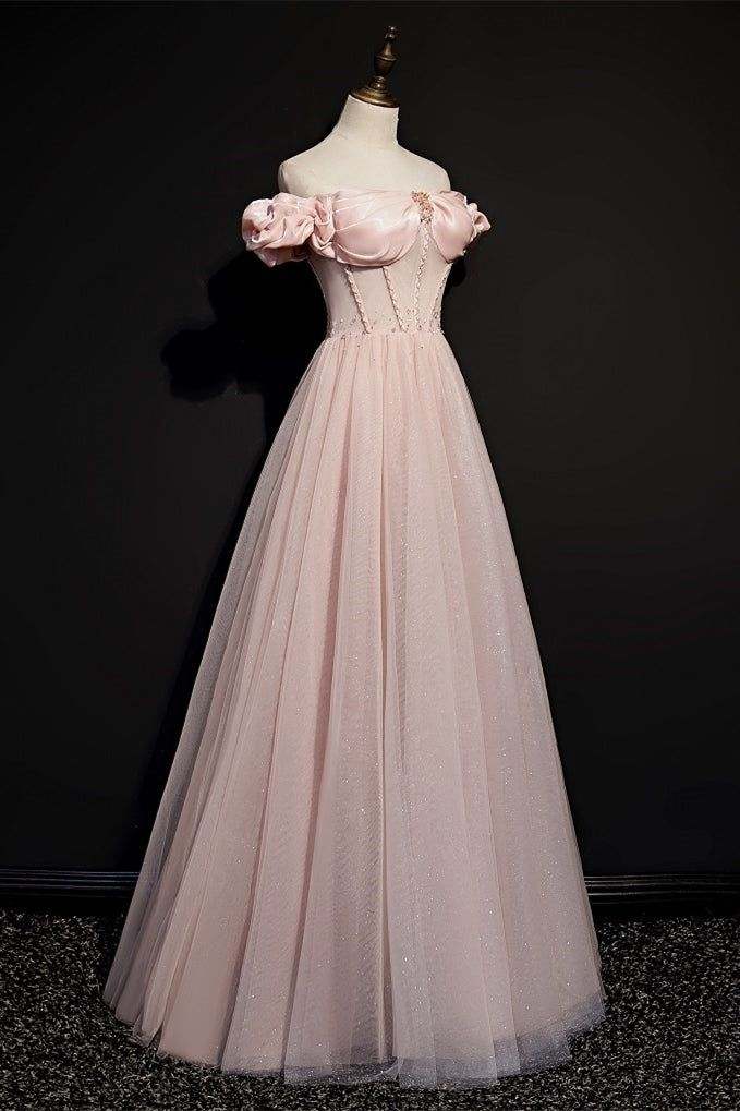 Vestido de princesa rosa de tul con cuentas, estilo princesa, con hombros descubiertos, vestido de noche Y7584