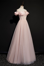 Vestido de princesa rosa de tul con cuentas, estilo princesa, con hombros descubiertos, vestido de noche Y7584