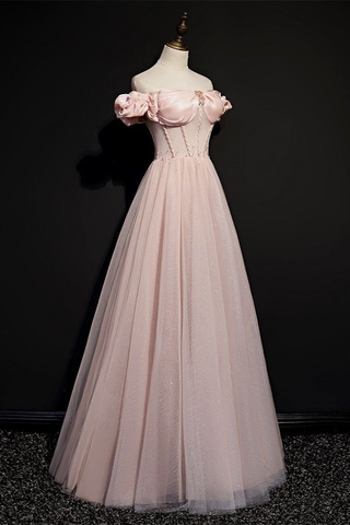 Robe de bal princesse en tulle rose ornée de perles, épaules dénudées, Y7584