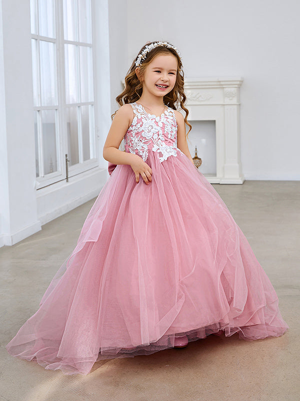 Vestido de niña de las flores de tul sin mangas con encaje y lazo rosa (010224320) 