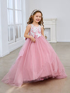 Vestido de niña de las flores de tul sin mangas con encaje y lazo rosa (010224320) 