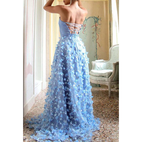 Robe de bal longue trapèze en tulle appliqué, sans bretelles, à lacets et fente