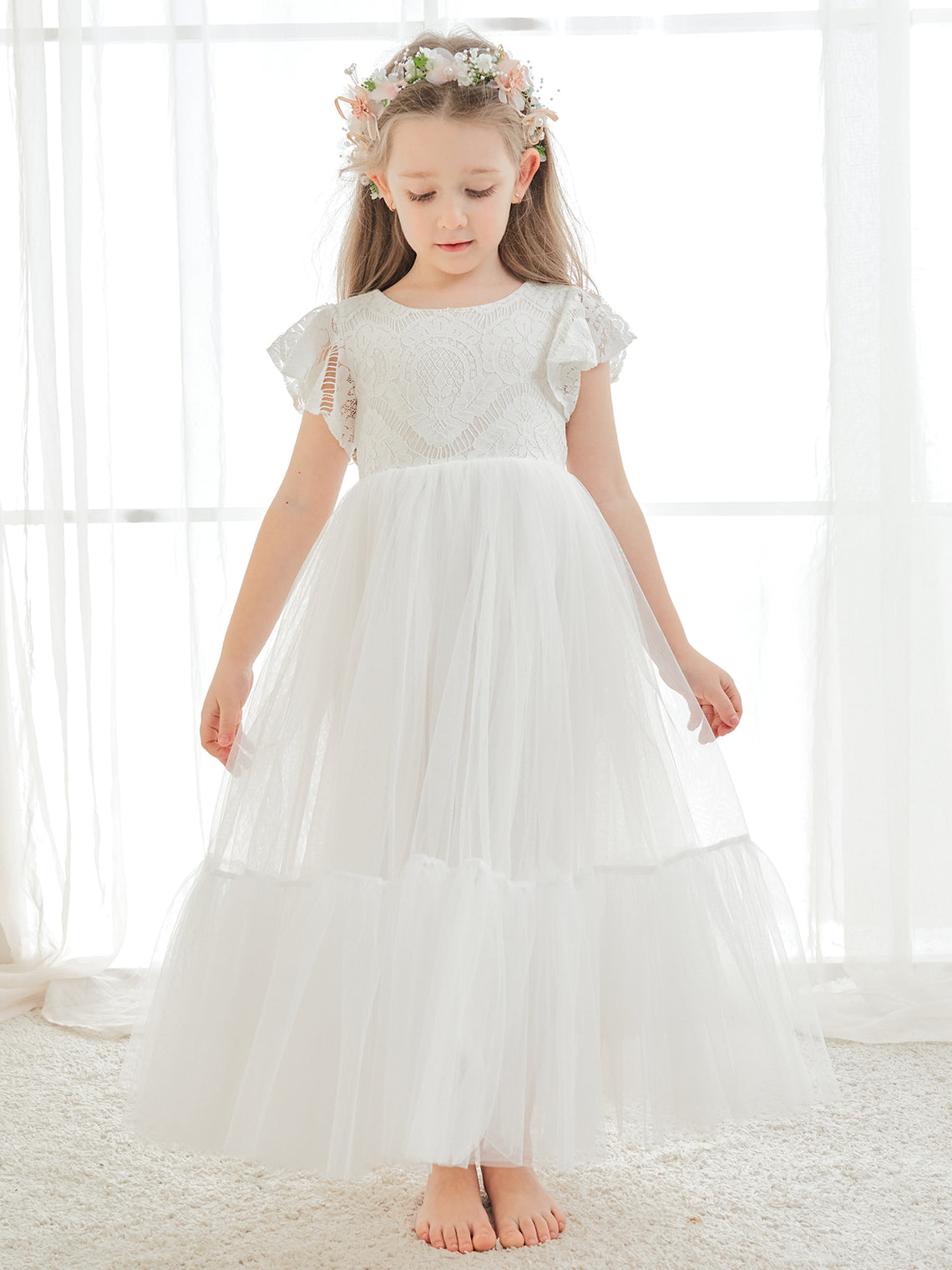 Vestido blanco de tul y encaje hasta el tobillo (2003227579) 