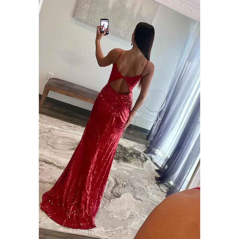 Robe de soirée sexy et tendance à paillettes rouges, bretelles spaghetti, col en V, fourreau, dos nu, fente latérale